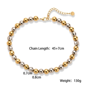 Detail view of two-tone stainless steel beaded necklace with dimension specs and S.Steel logo