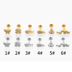 Stainless steel stud set with butterfly crown and wing designs in gold and silver finish