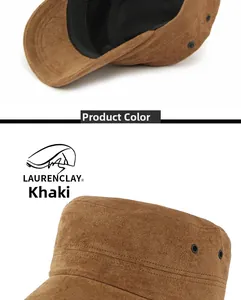 Detail view of khaki faux suede military cap with metallic eyelets and inner lining