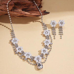 Silver flower jewelry set with pearl water drop pendant necklace and tassel earrings