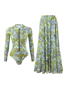 Detail view of olive green floral long sleeve swimwear and matching beach skirt set
