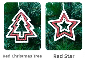 Detail of red glitter Christmas tree and star ornaments on green branches