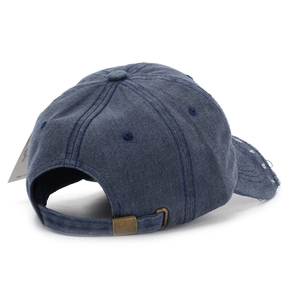 Distressed navy blue baseball cap with vintage frayed brim and adjustable metal buckle