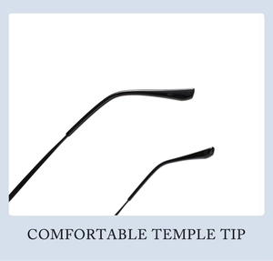 Macro view of ergonomic metal eyewear temple tips showing comfortable curved design