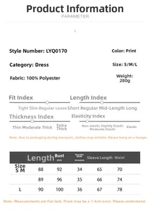 Size chart showing S-L dimensions and polyester fabric specifications for floral dress