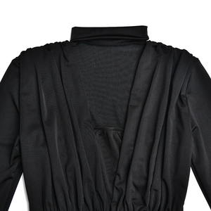 Detail of high neck design with soft pleats and draped texture on black bodysuit