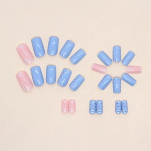 Blue and pink summer press-on nails with floral patterns in medium length square shape