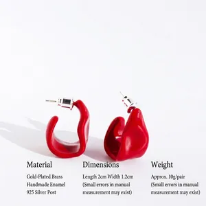 Handmade red enamel geometric C-shaped earrings with 18k gold plating and silver pins