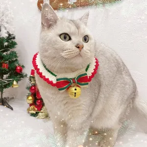 Hand-knitted Christmas pet collar with red green bow and gold star bell for cats and dogs