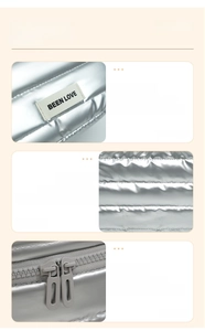Dettaglio della borsa trucco argento con logo BEEN LOVE, tessuto imbottito e zip scorrevoli