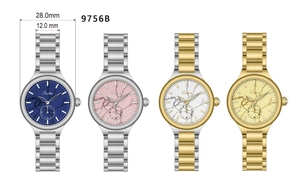 Detail view of 28mm marble dial quartz watches in four colors with 12mm steel bands