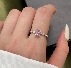 Elegant S925 silver ring with rectangular pink crystal and marquise side stones