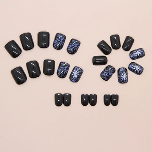 Dark blue galaxy press-on nails with white snowflake patterns and square shape set