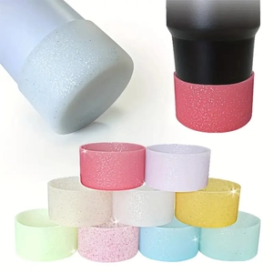 Glitter silicone boot covers for Stanley cups shown in multiple colors and usage views
