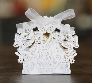Detail showing laser-cut butterfly design and white ribbon bow on pearlescent candy box