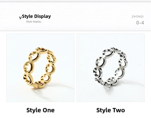 Detail showing laser-cut hollow smiley face patterns on gold and silver stainless steel rings