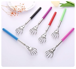 Macro detail of various colorful telescopic skeleton hand back scratchers in a fan layout