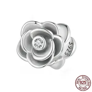 3D rose flower bead in S925 sterling silver with a sparkling center zircon stone