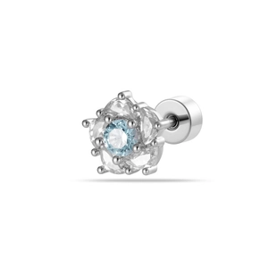 Elegant silver camellia flower ear stud with blue gemstone and crystals on white background