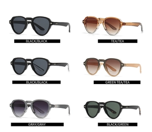 Detail view showing six color variants of retro round sunglasses with arrow rivets