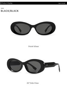 Front and side view of classic retro oval black sunglasses with thick frames and metal detail