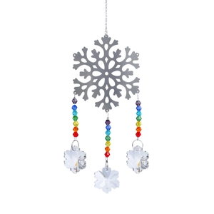 Silver metal snowflake suncatcher with rainbow beads and crystal glass snowflake pendants