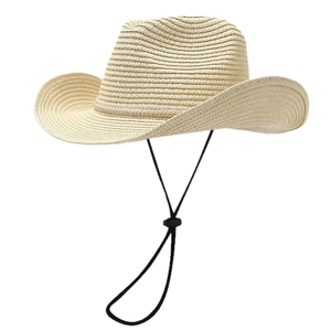 Women's woven straw sun hat with rhinestone trim and chin strap for beach outdoor vacation