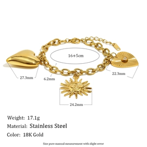 18K gold plated stainless steel chain bracelet with sun and heart charms 16+5cm length