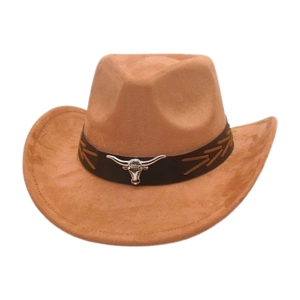 Brown faux suede western cowboy hat with silver bull head emblem and wide upturned brim