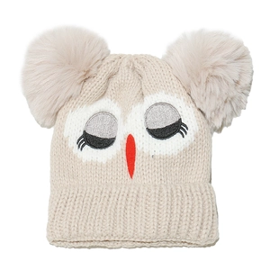 Beige knitted baby hat featuring cute owl embroidery and double faux fur pom-poms