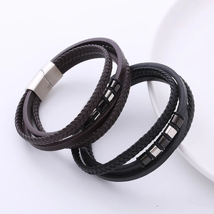 Men's multilayer black and brown braided leather bracelet with magnetic steel clasp