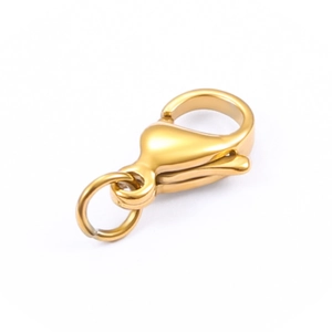 Detailed macro view of a polished gold stainless steel lobster clasp for jewelry DIY
