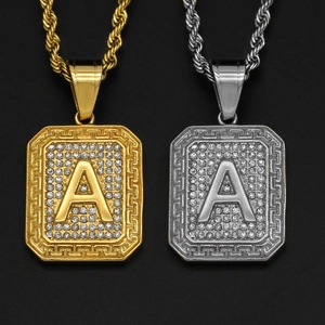 Hip hop square alphabet A pendant necklace in gold and silver finish with iced out crystals