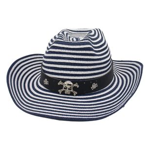 Detail of hand-woven striped straw cowboy hat featuring a gothic skull metal ornament