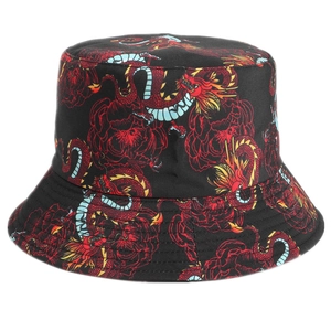 Cappello a secchiello reversibile con stampe di draghi cinesi tradizionali e fiori neri