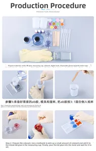 Step-by-step DIY resin art kit showing 3:1 ratio AB glue mixing and silicone mold pouring