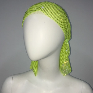 Detailed close-up of neon green mesh headscarf with sparkling rhinestone crystal embellishments