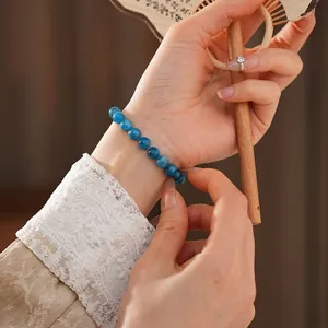 Minimalist apatite crystal beaded bracelet for women with blue round natural stones