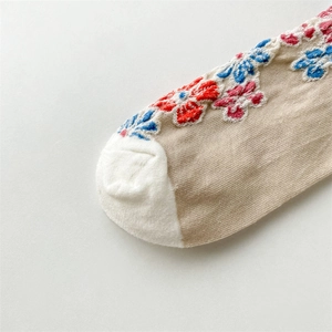 Close-up of vintage embossed floral knit pattern and breathable cotton toe stitching