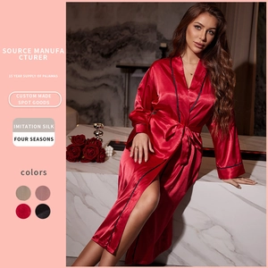 Women Long Sleeve Satin Robe Imitation Satin Sleepwear V-Neck Loungewear With Contrast Piping And Tie Waist