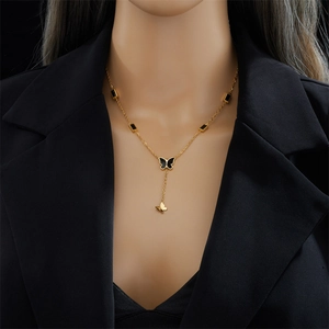 Titanium steel butterfly tassel necklace with black square beads and golden finish
