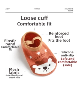 Detail view of baby socks showing mesh fabric and anti-slip silicone dots on sole