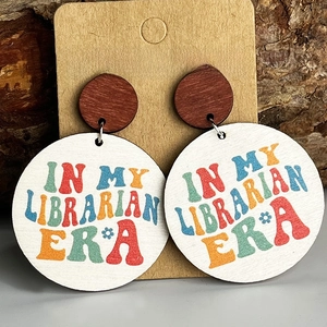 Colorful In My Librarian Era round wooden earrings on fashion jewelry card