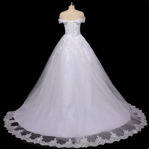 Elegant off-shoulder lace wedding dress with long train and lace-up back design