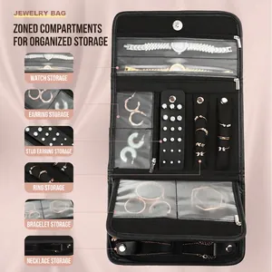 Black jewelry organizer bag with multifunctional compartments for rings and necklaces