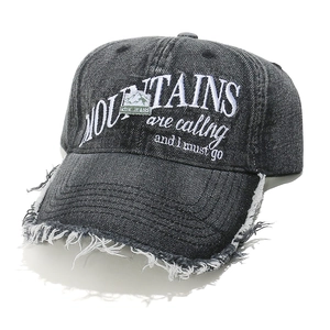 Detailed embroidery and distressed brim on dark grey washed denim baseball cap