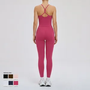 Women's rose pink yoga set with high waist leggings and racerback sports bra