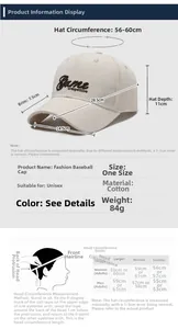Detailed size chart for beige cotton baseball cap with adjustable strap and measurements