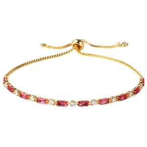 Bracciale dorato regolabile con rubini rossi taglio smeraldo e zirconi lucenti