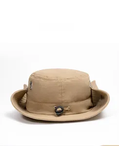 Front view of khaki waterproof sun hat with breathable vents and adjustable wind cord